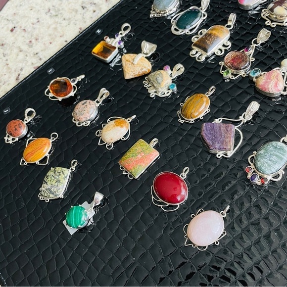 Green & Pink Unakite Jasper Rectangular Sterling Silver Vintage Pendant … - Picture 11 of 13